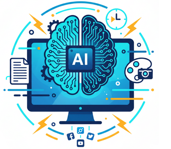 Digital illustration of artificial intelligence, featuring a computer monitor with a circuit brain, gears, a camera, speech bubble, clock, and social media icons, all connected with lightning bolts and lines.