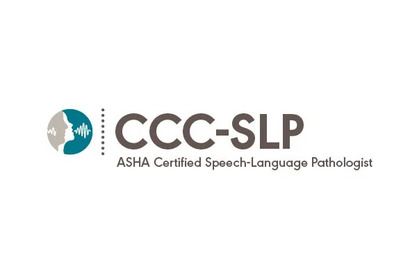 CCCSLP logo with hands and speech bubble, and text 'CCCSLP ASHA Certified Speech-Language Pathologist'.