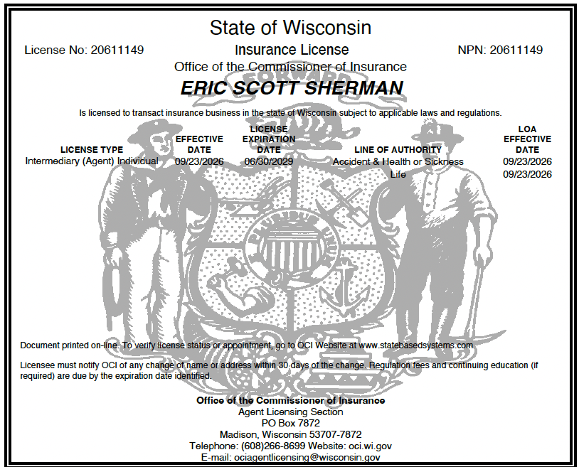 Wisconsin health insurance license for Eric Sherman