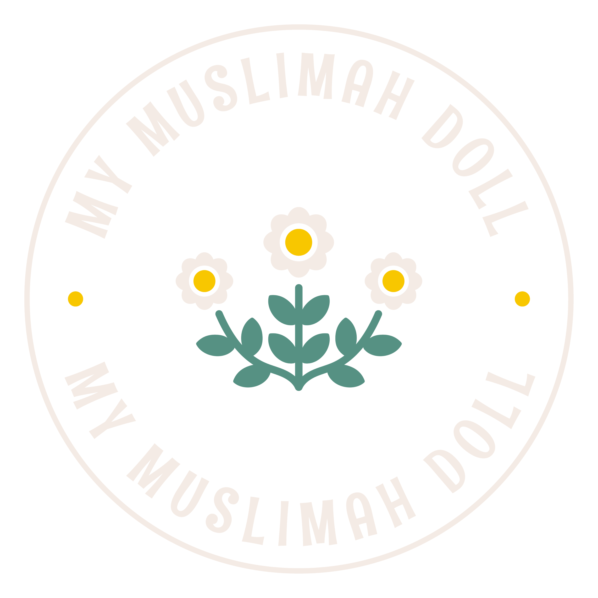 A circular black badge with white text that reads 'MY MUSLIMAH DOLL' repeated twice around the edge. In the center, there are three white flowers with yellow centers and green leaves.