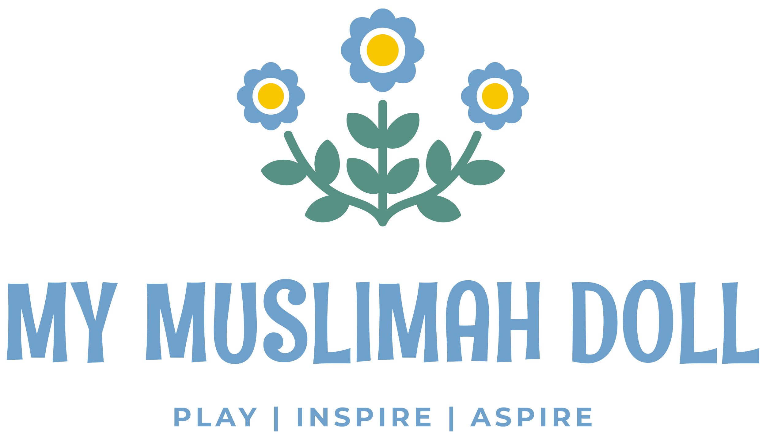 Logo for My Muslimah Doll with a flower graphic above the text, which reads "MY MUSLIMAH DOLL" in large blue letters and "PLAY | INSPIRE | ASPIRE" in smaller blue letters below.