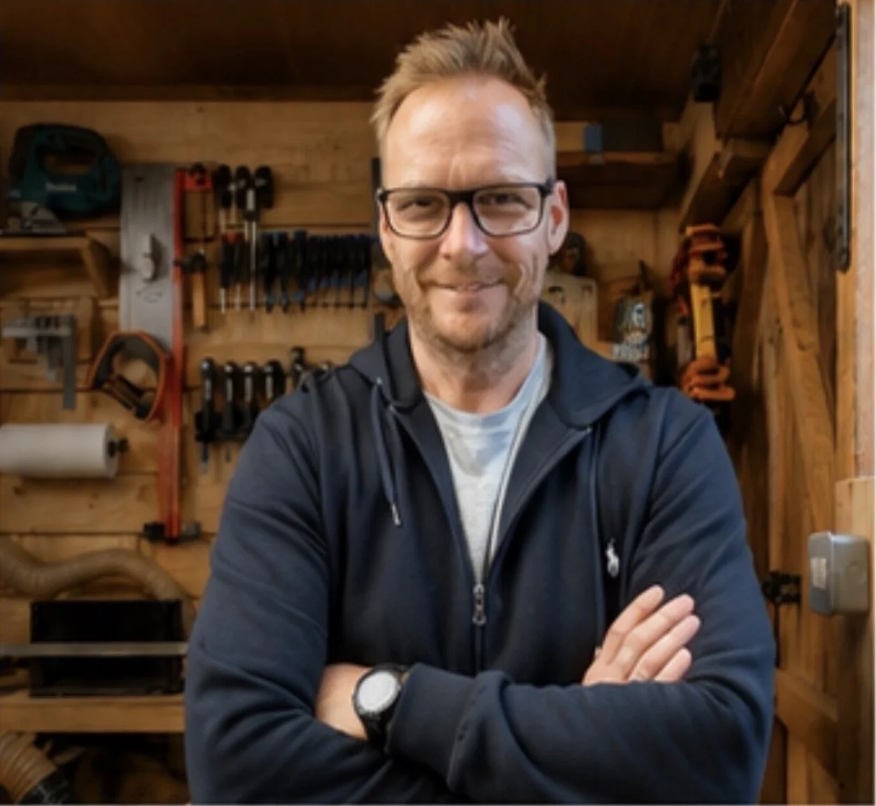 A man with glasses and a beard standing in a woodworking shop, crossing his arms and smiling, surrounded by various tools on the wooden wall behind him.