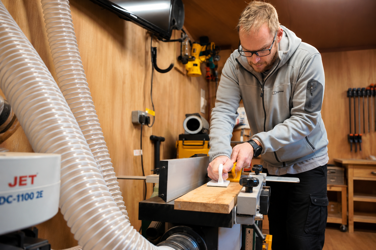 A man in safety glasses using a woodworking tool on a piece of wood in a woodworking shop.