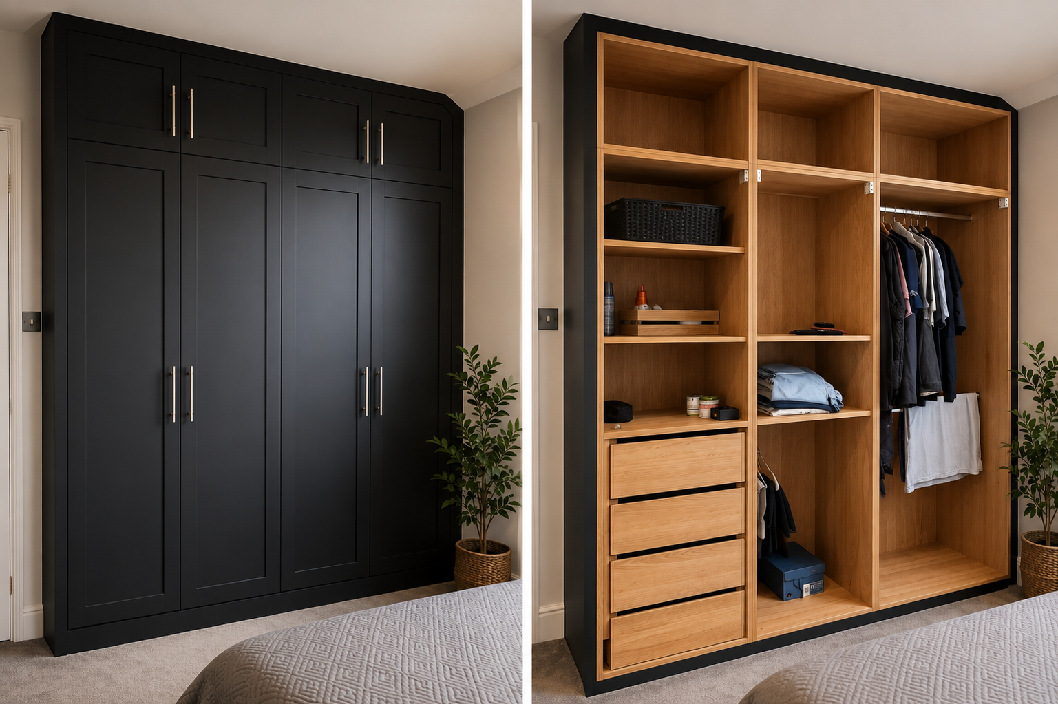 Bespoke built-in wardrobes with oak-effect interior, custom shelving and drawers, handcrafted for a modern bedroom in Devon.
