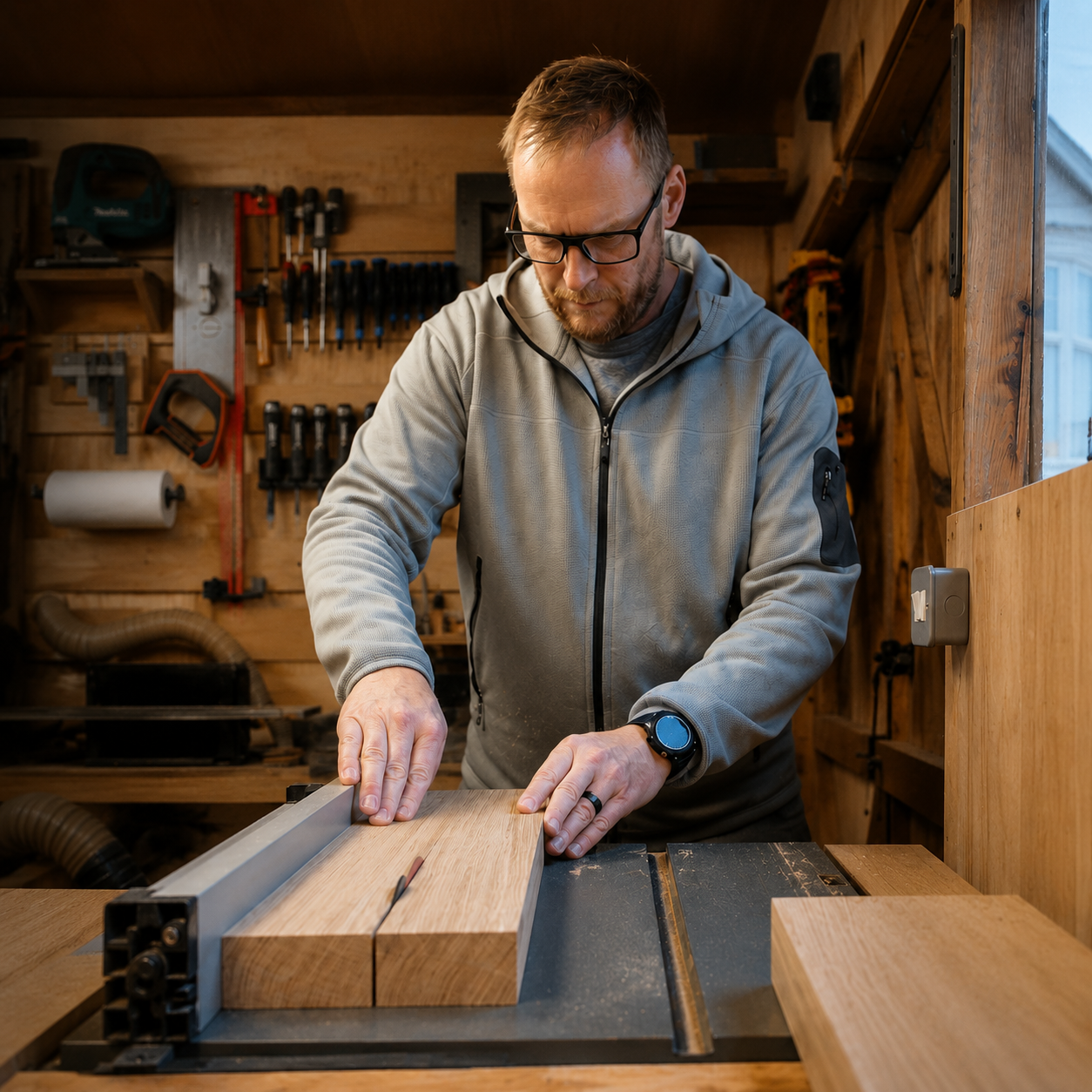 A man working in a woodworking shop, using a table saw to cut a piece of wood. The workshop is equipped with tools on the wall behind him, including screwdrivers, measuring tape, and clamps.