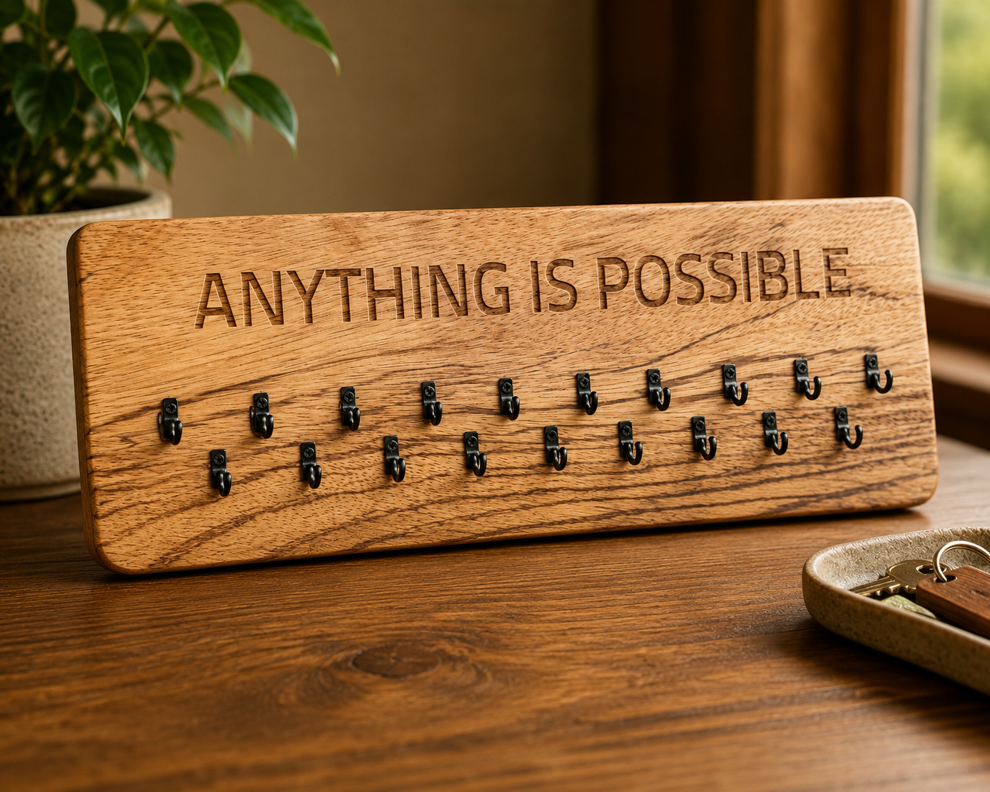 Custom Zebrano wood medal rack with engraved Ironman and triathlon slogan, handcrafted for endurance athletes.