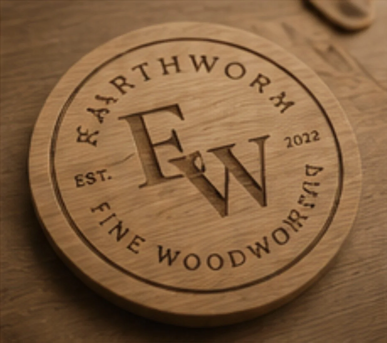 Wooden circular plaque engraved with 'F and W Artwork' and 'Since 2022' with initials 'F W' in the center.