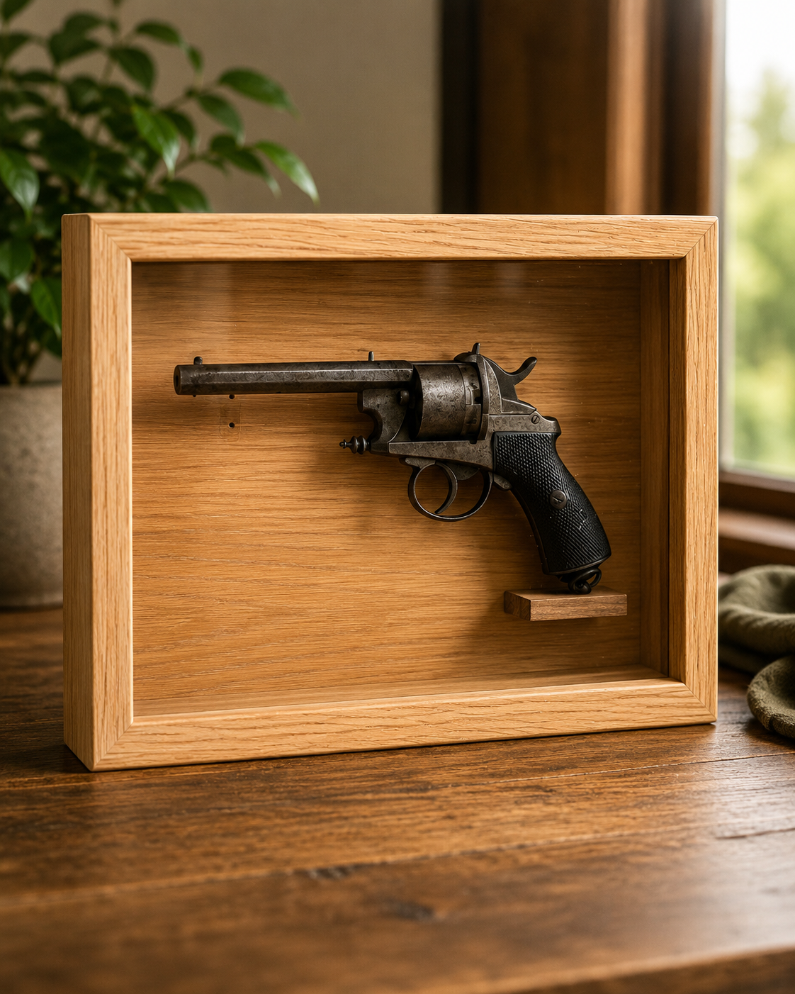 Bespoke hardwood display case with glass doors, handcrafted to showcase an antique pistol by Earthworm Fine Woodworking.