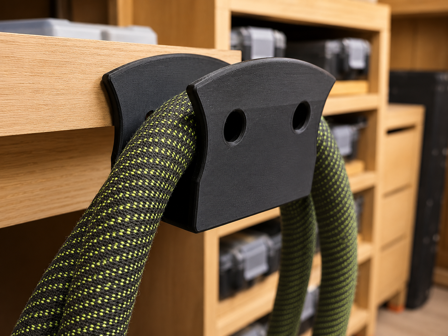 Close-up of two flexible, striped, green and black hoses hanging on a black wall mount in a woodwork or hardware store, with shelves of storage boxes in the background.