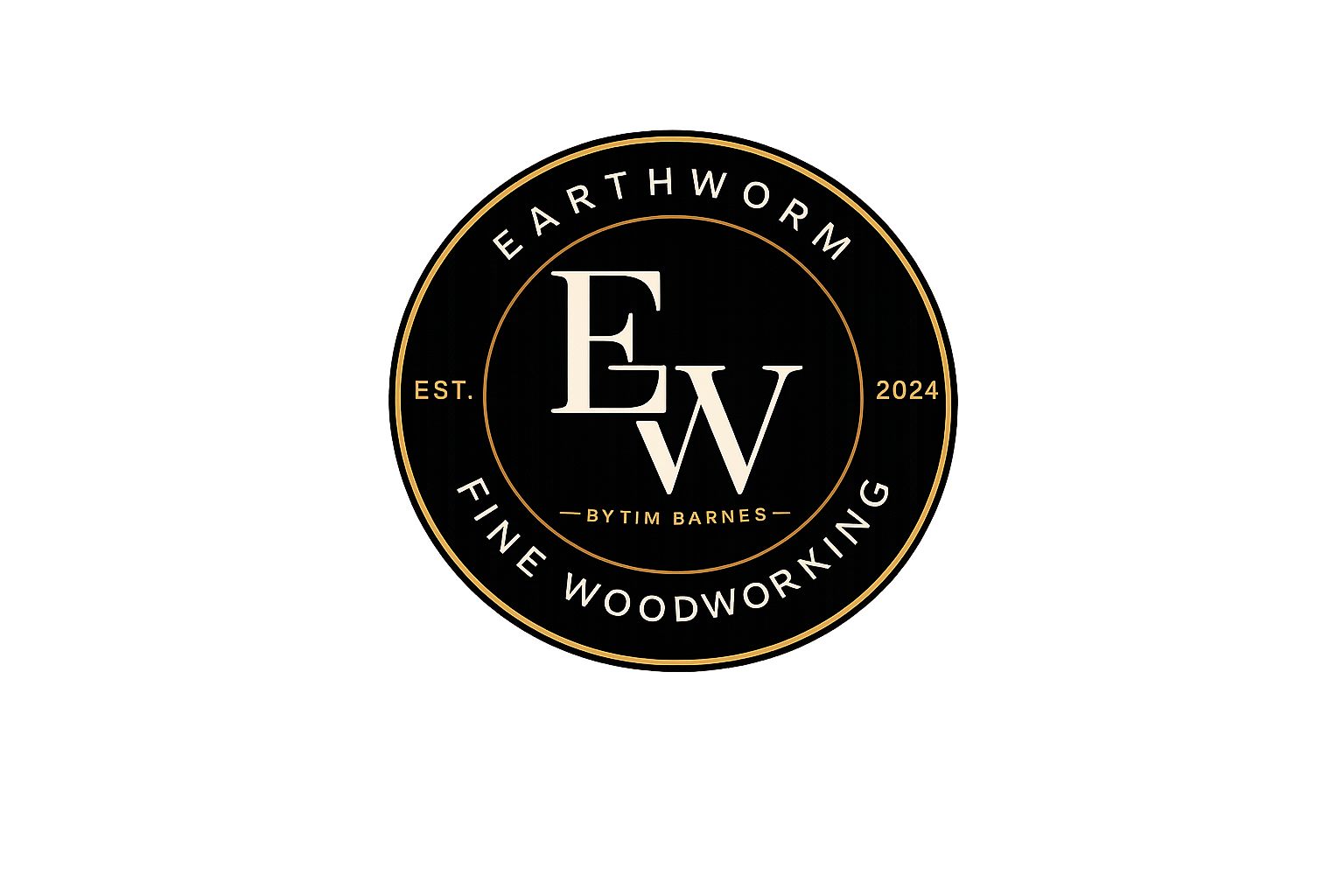 Logo for Earthworm Fine Woodworking, established in 2024, with a black background, gold and white text and accents, featuring a circular design and the name BY TIM BARNES.