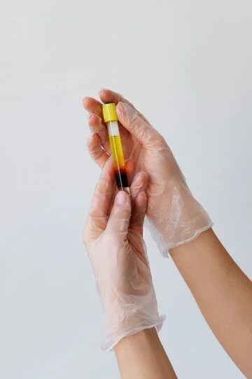 Hands wearing clear gloves holding a test tube filled with blood and a yellow cap, against a plain white background.