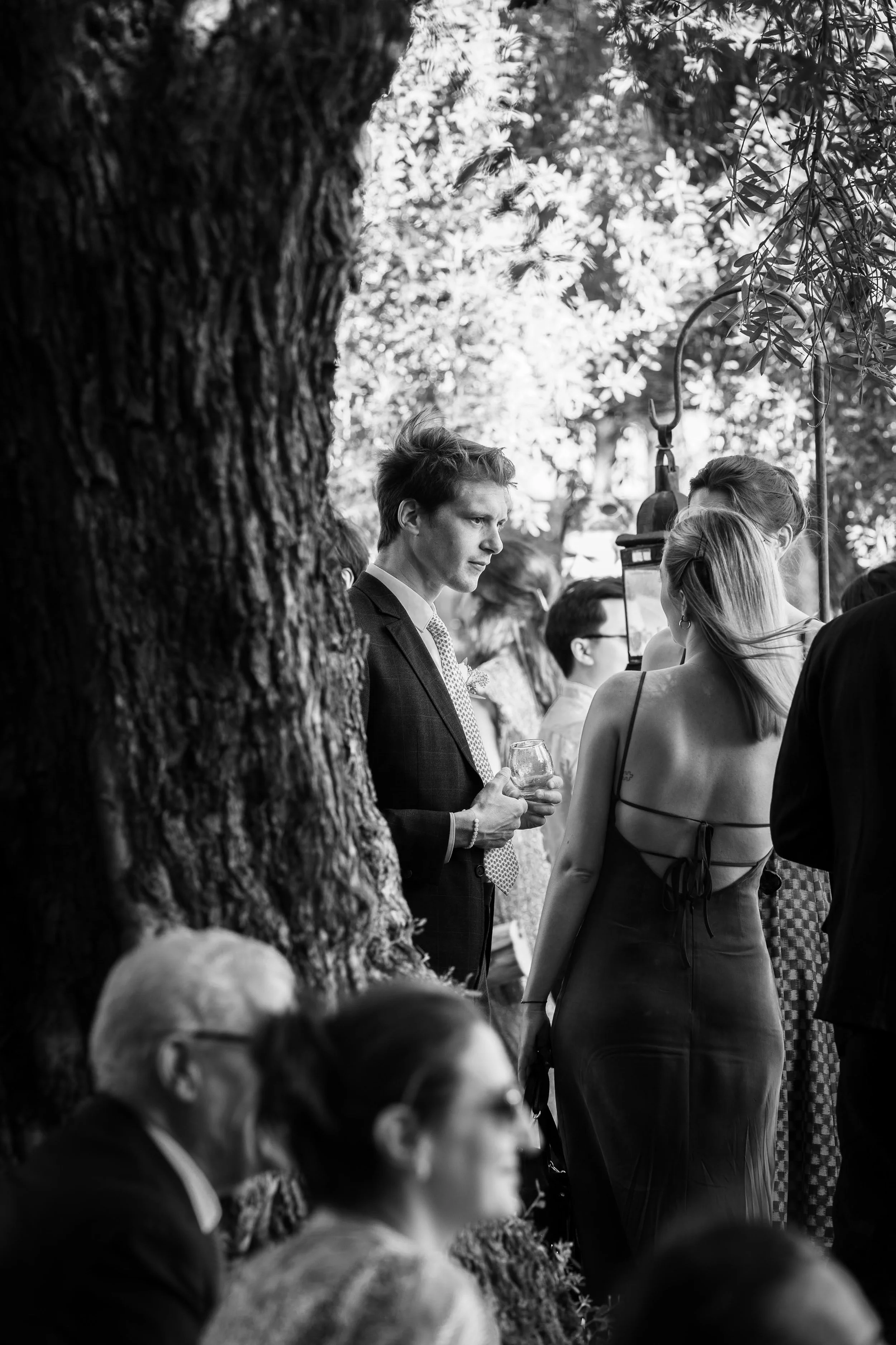 Une scène en noir et blanc lors d'un événement en plein air, avec plusieurs personnes, dont un homme en costume avec un verre à la main, et une femme en robe dos nue. Un gros arbre occupe le premier plan à gauche.