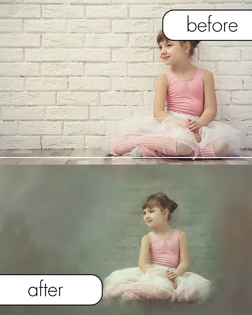 Comparison of two photos of a young girl sitting against different walls, labeled 'before' and 'after'. The 'before' photo shows a girl with hair tied back sitting in front of a white brick wall, and the 'after' photo shows the same girl with slightl
