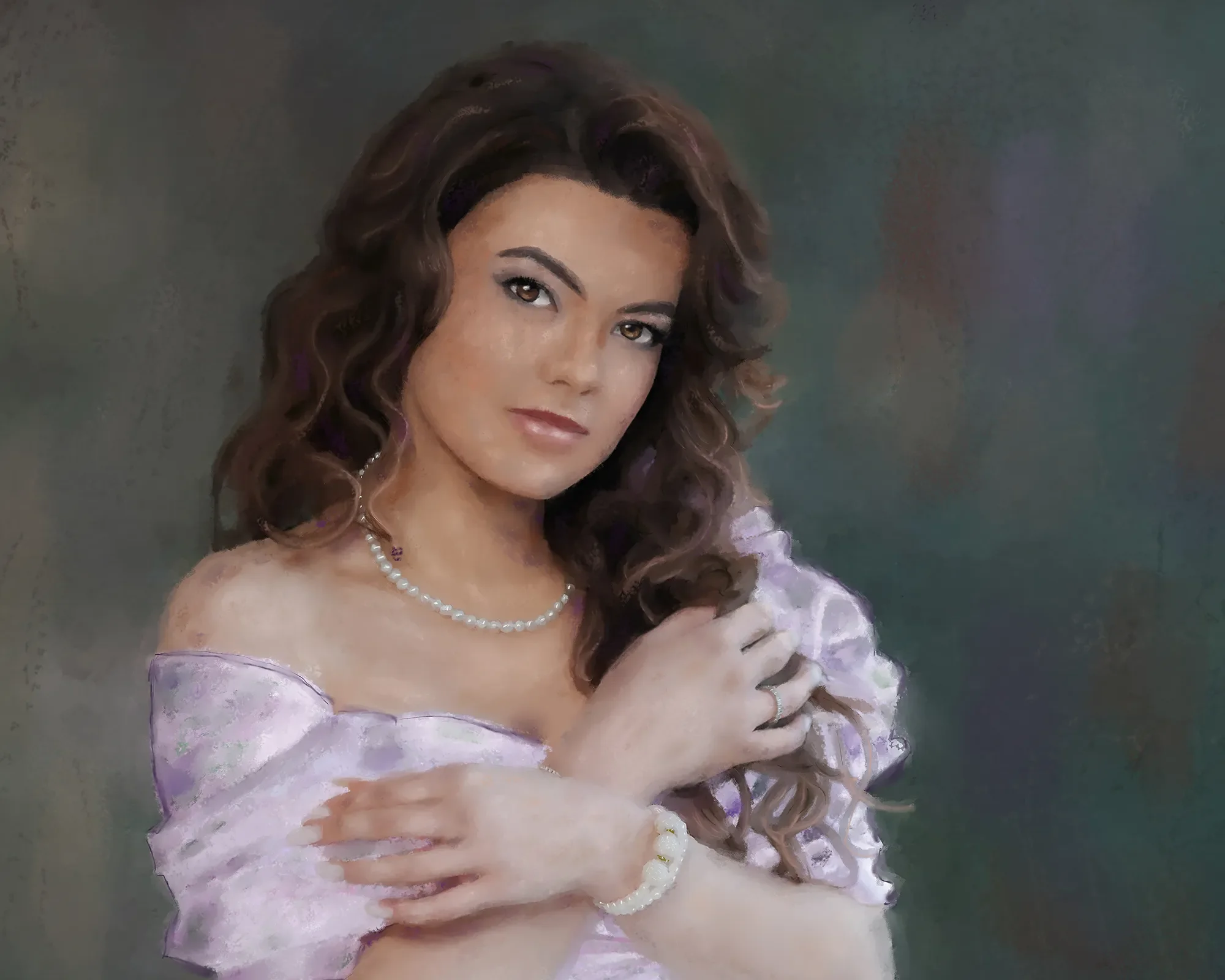 Close up of a fine art digital portrait classical style realistic portrait painting from photo soft tones