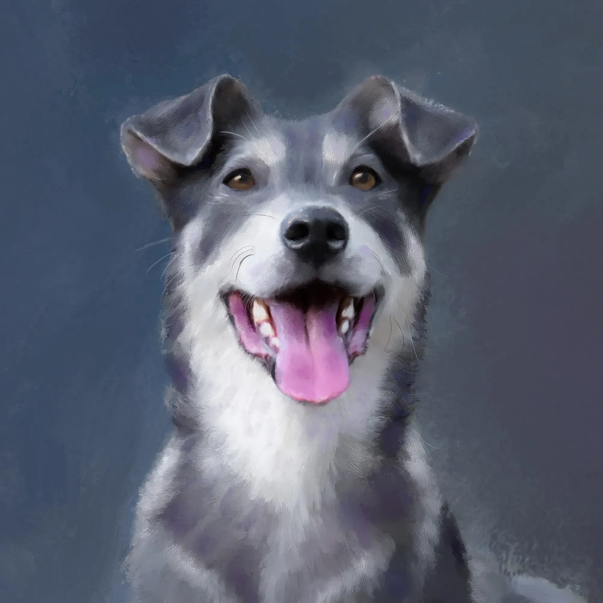 Close up view of a portrait of a dog based on a photo