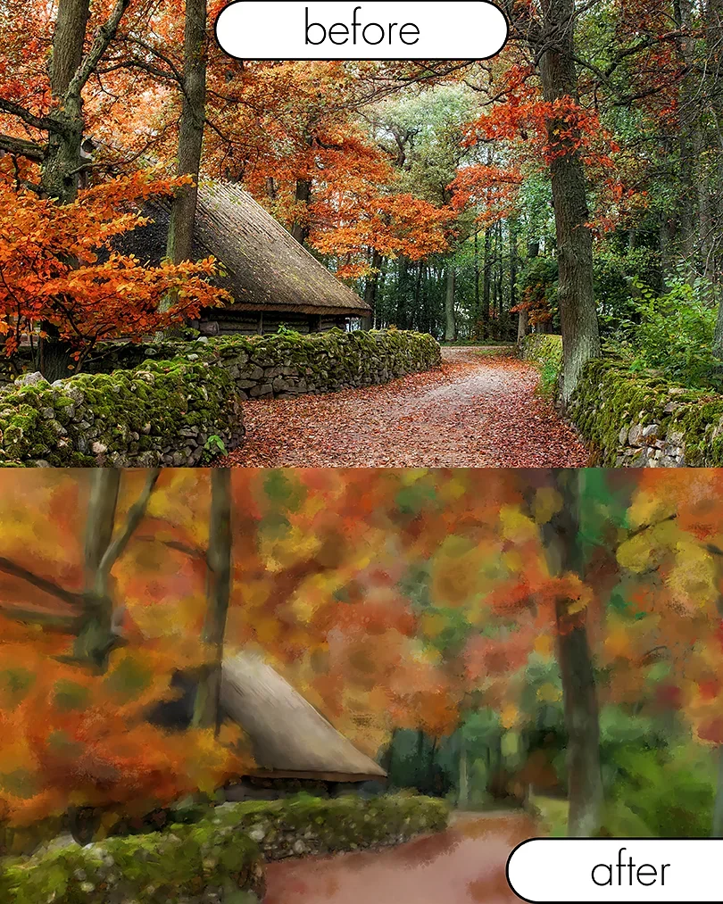 Comparison of a forest path scene before and after artistic transformation; the 'before' image depicts a realistic autumn scene with a stone-lined path, colorful fall foliage, and a small wooden structure; the 'after' image shows an impressionistic p