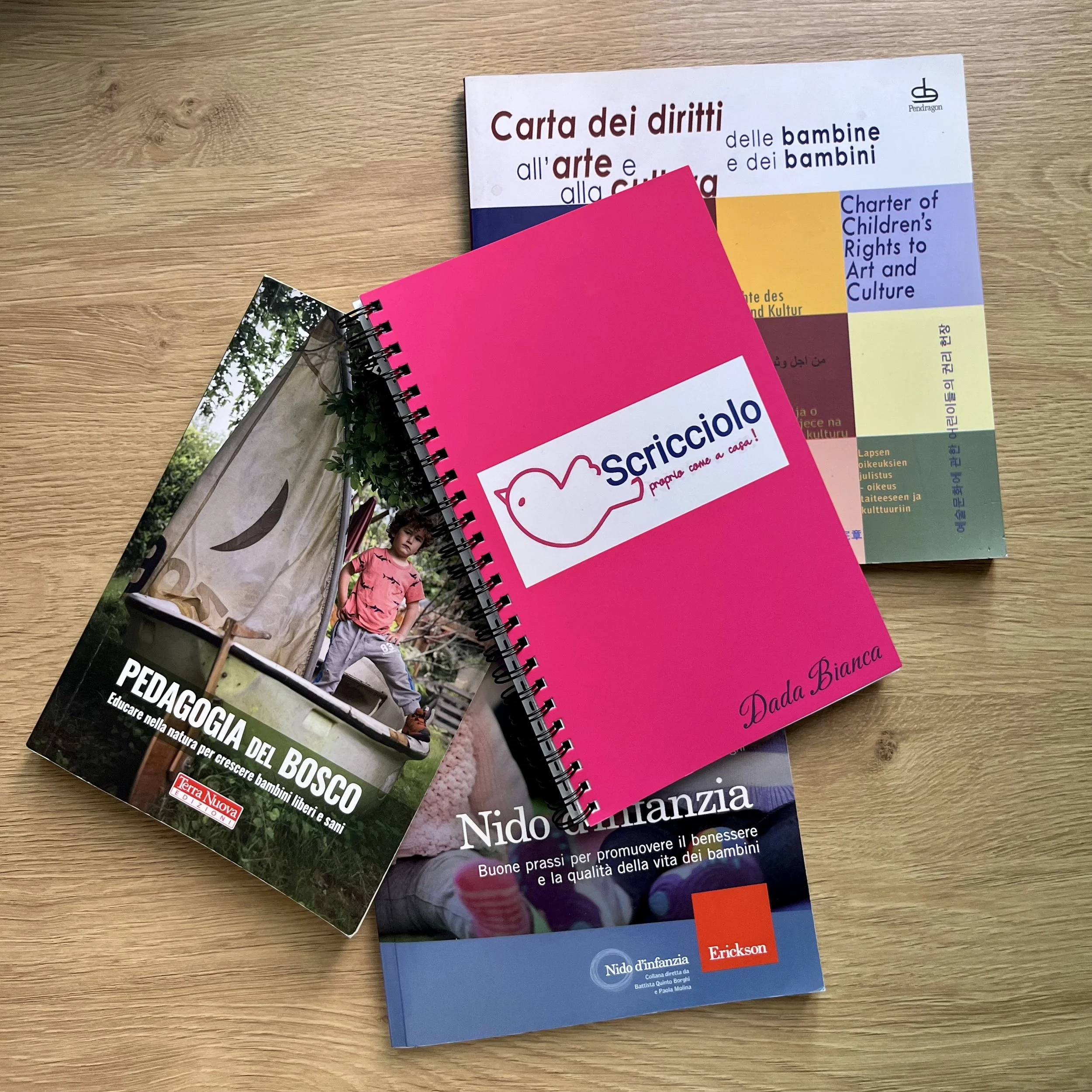 Quattro libri sovrapposti su un tavolo di legno. Uno dei libri ha una copertina rosa con un logo di una poesia scritta e il nome 'Dada Bianca'. Un altro libro ha una copertina di colore blu e viola con un titolo bianco e un'immagine di un bambino. Uno dei libri ha una copertina con un'immagine di un bambino vicino a una tenda nel verde, con il titolo 'Pedagogia del bosco'. L'ultimo libro, visibile in parte, ha una copertina con vari colori e testo.