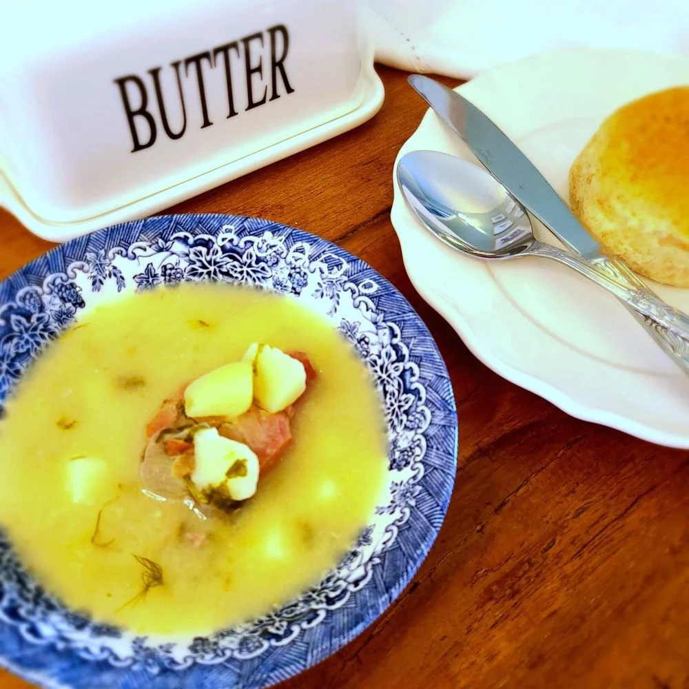 bowl of summer borscht in a blue and white bowl.