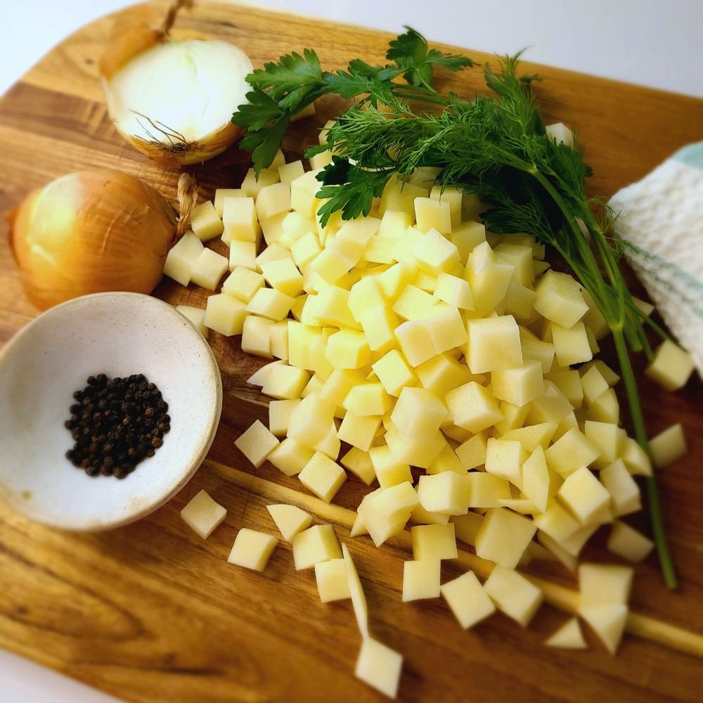 vegetables on a cutting board.