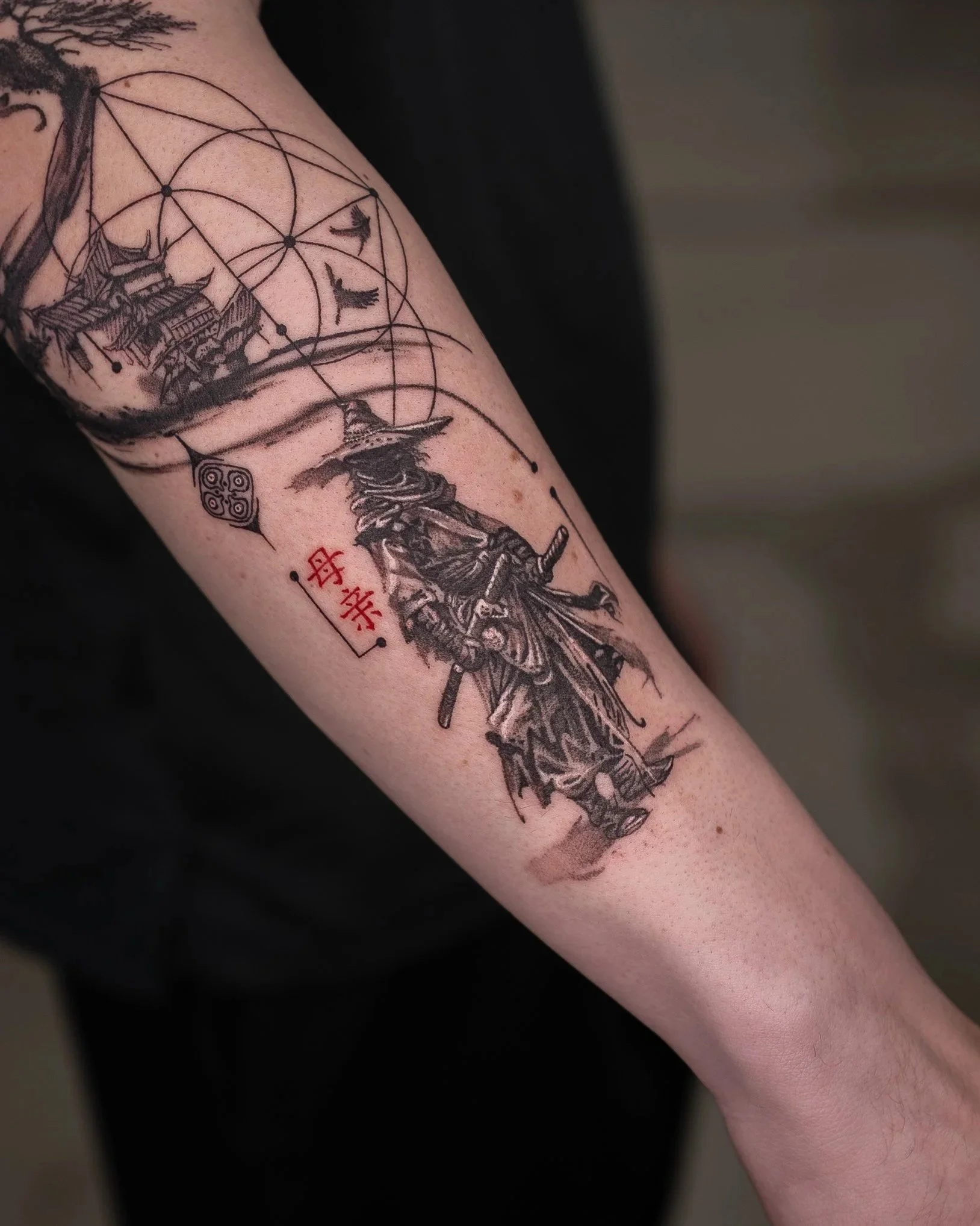 Fine-line custom Japanese samurai tattoo done in Manchester, United Kingdom.