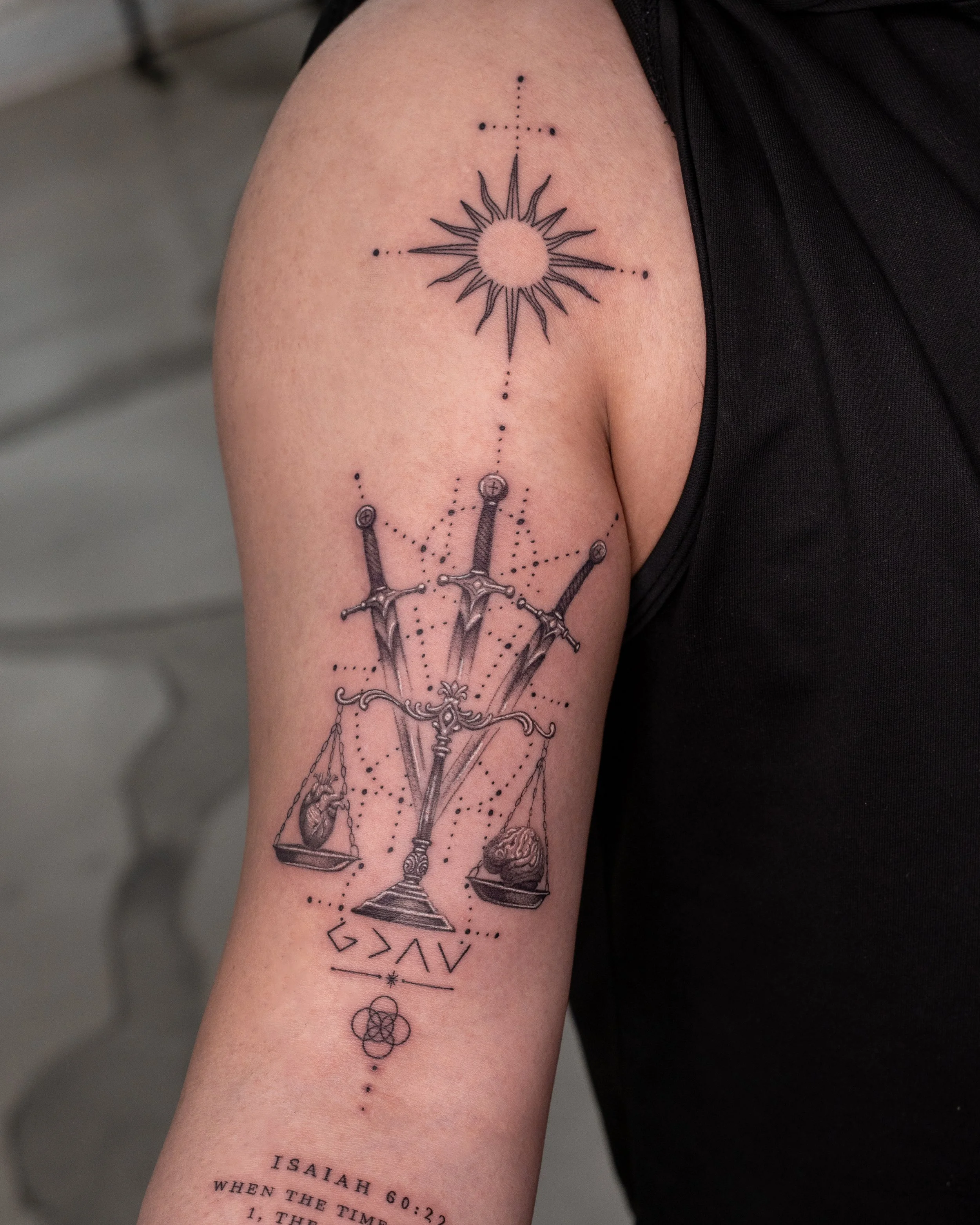 Custom fine-line tattoo done in Manchester, United Kingdom.