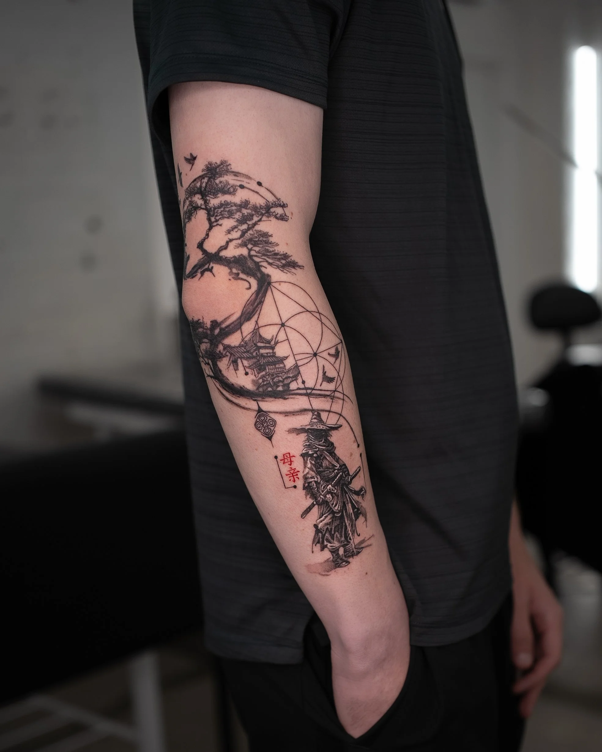 Custom contemporary Japanese tattoo, tattoo sleeve, fine-line.
