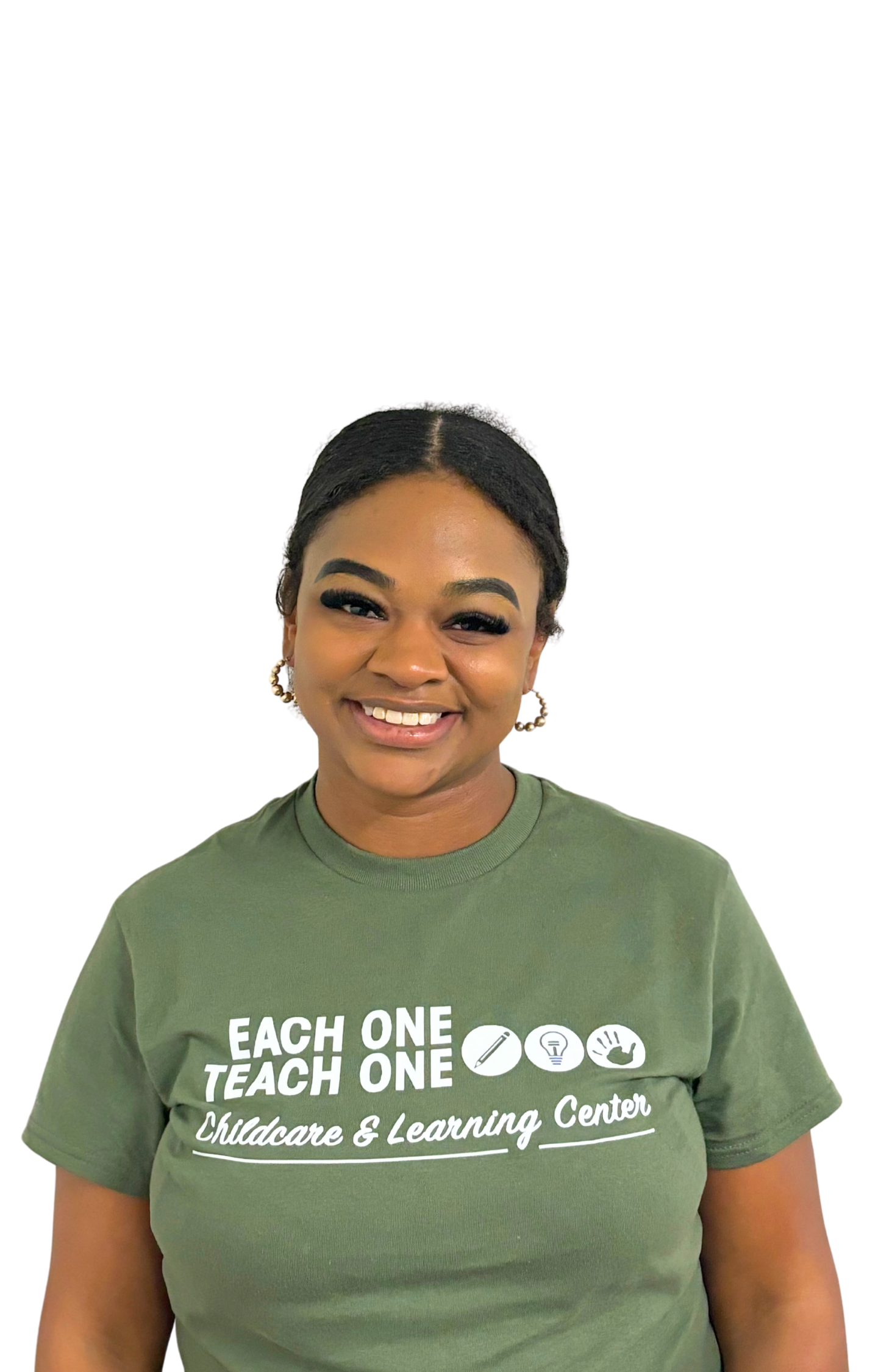 Ms. Brittany the Assistant Director at the Garfield location wearing a green T-shirt reading 'Each One Teach One Childcare & Learning Center' and gold hoop earrings, standing against a white background.