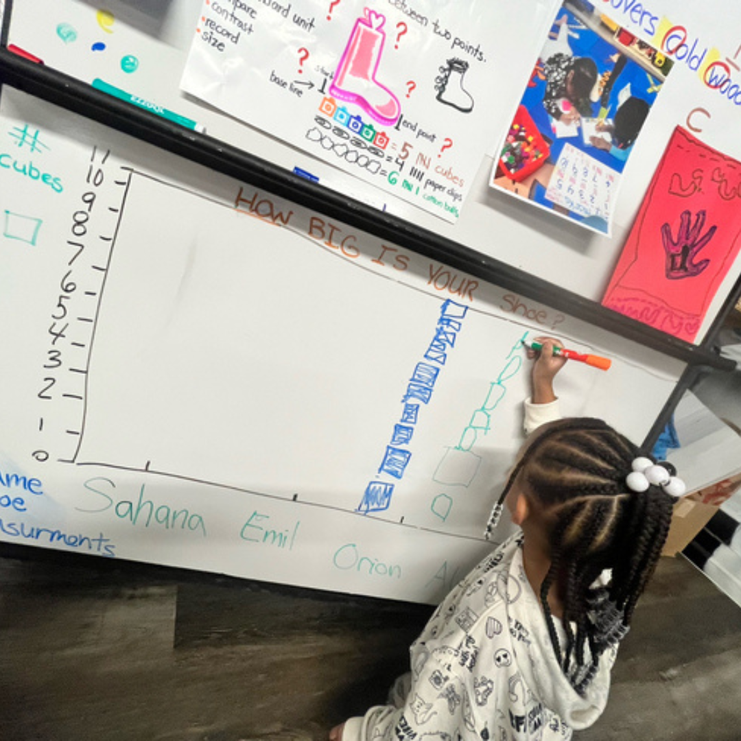 A preschool student draws and counts colorful block towers on a classroom whiteboard graph during a number identification and early math activity.