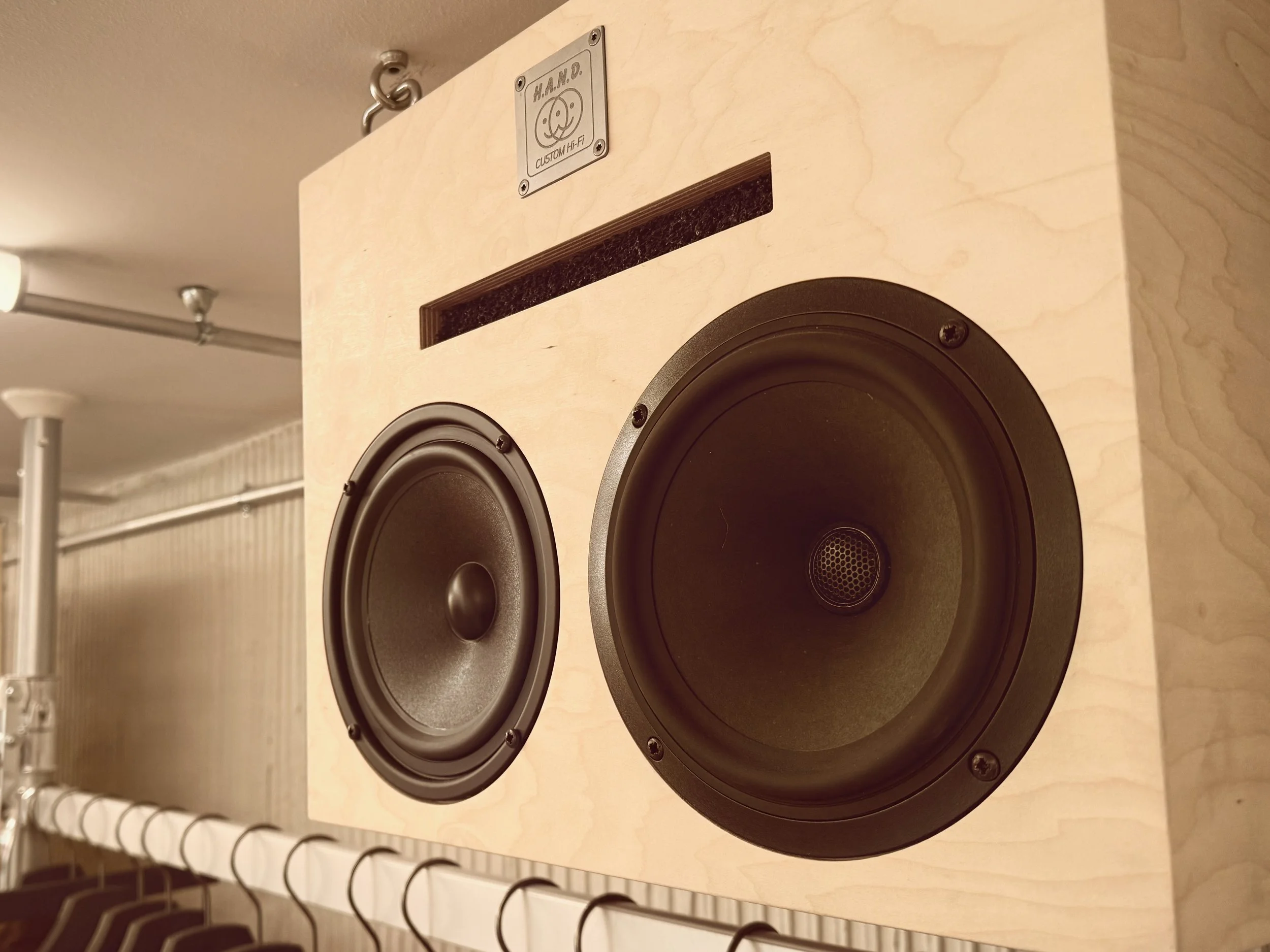 Un haut-parleur audio en bois clair avec deux haut-parleurs noirs de différentes tailles, fixé dans une pièce intérieure.