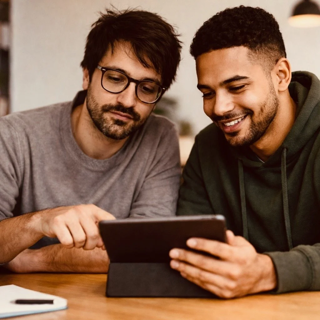 Deux hommes regardent un écran de tablette ensemble, souriant et discutant, à l'intérieur.