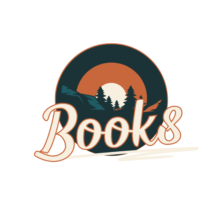 A logo with a sunset, trees, and mountains, with the word 'Books' written in a stylized font.