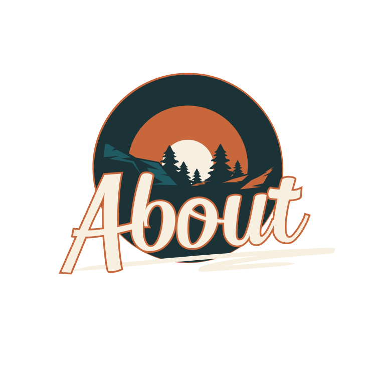 A stylized logo with a sunset over trees and mountains, and the word 'About' in large script font.