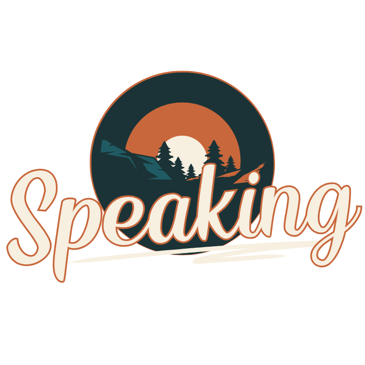 A logo with a sunset or sunrise over mountains and trees, with the word "Speaking" in cursive text below.