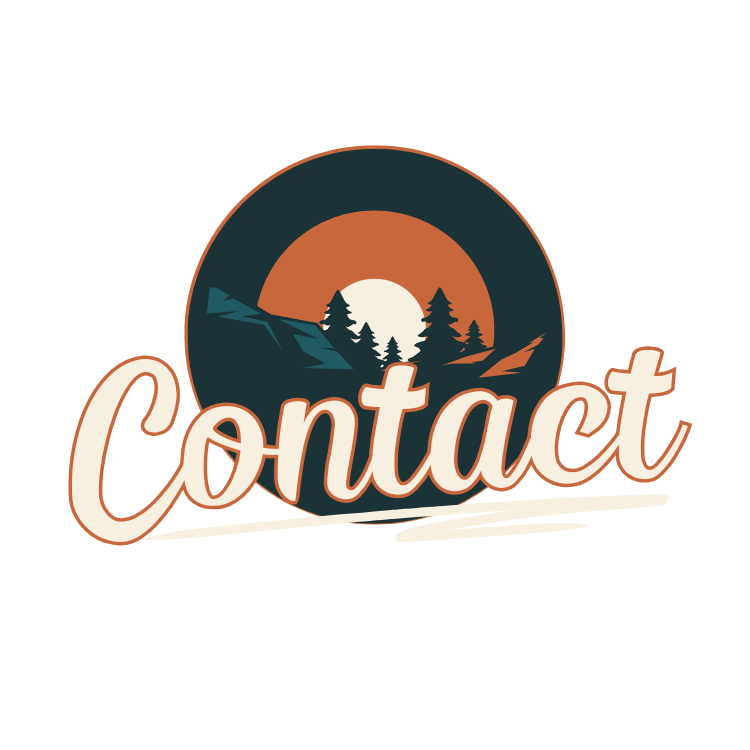 A logo featuring a sunset or sunrise behind silhouetted trees and mountains, with the word "Contact" in large, cursive font below.