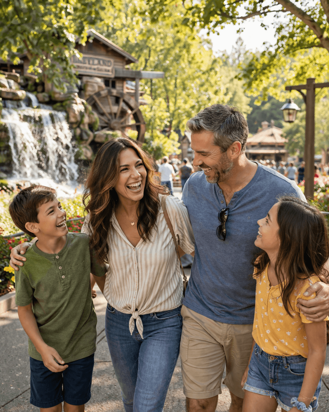 A happy family of four, including a man, woman, boy, and girl, walking outdoors and sharing a joyful moment.