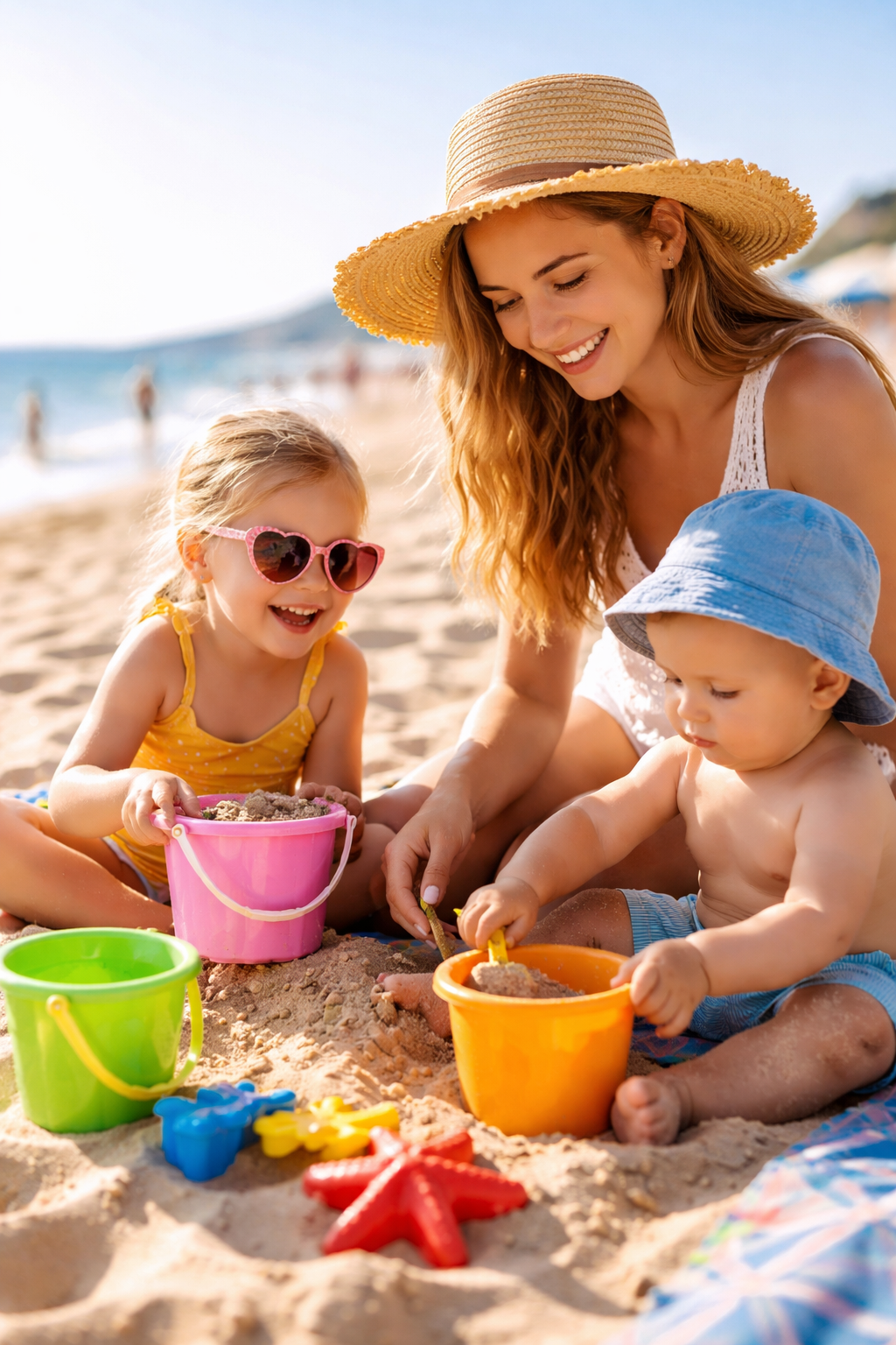 A woman and two children playing in the sand at the beach. The little girl with sunglasses is holding a pink bucket, and the boy with a blue hat is using an orange bucket. There are colorful sand toys nearby.