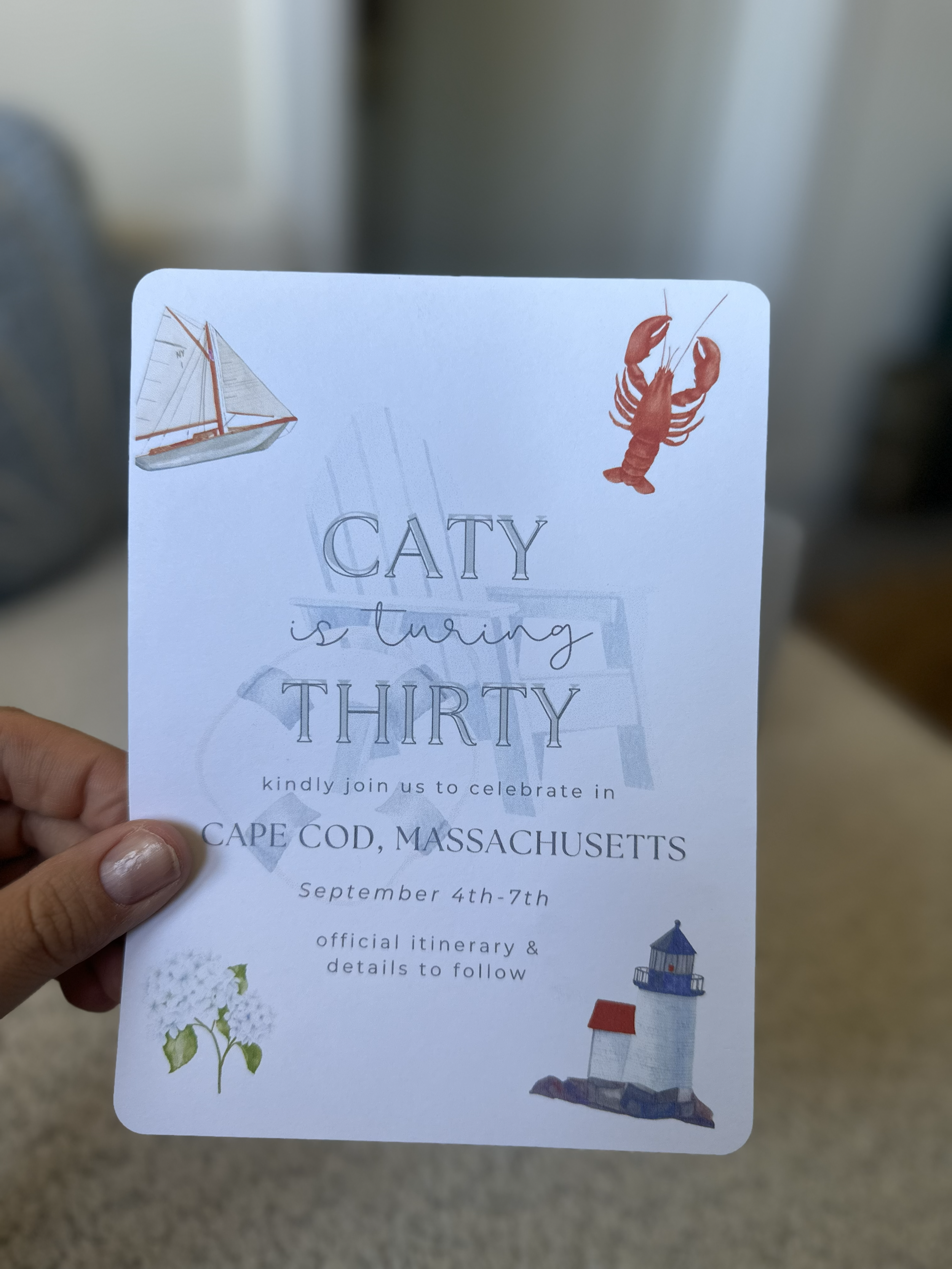 Invitation card with illustrations of a sailboat, lobster, lighthouse, and a plant, announcing a 30th birthday celebration in Cape Cod, Massachusetts.