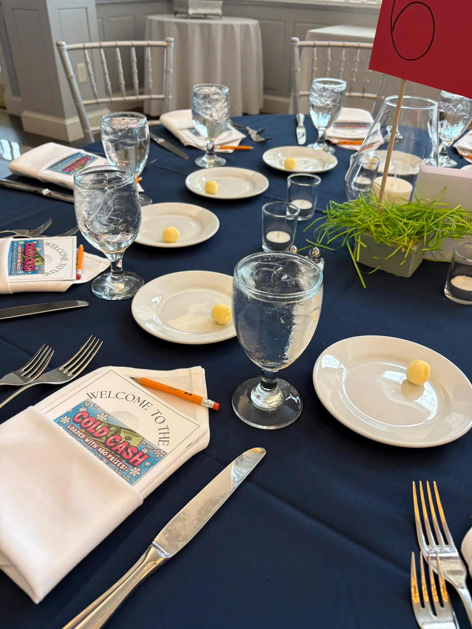 A formal dining table set with white plates, water glasses, silverware, white napkins, foam balls on plates, and a central green plant with a red sign, in a room with white walls and chairs.