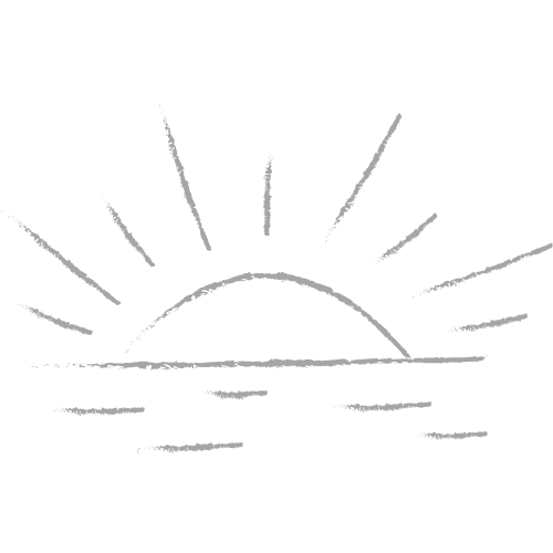 Simple black and white drawing of a sunrise over water.