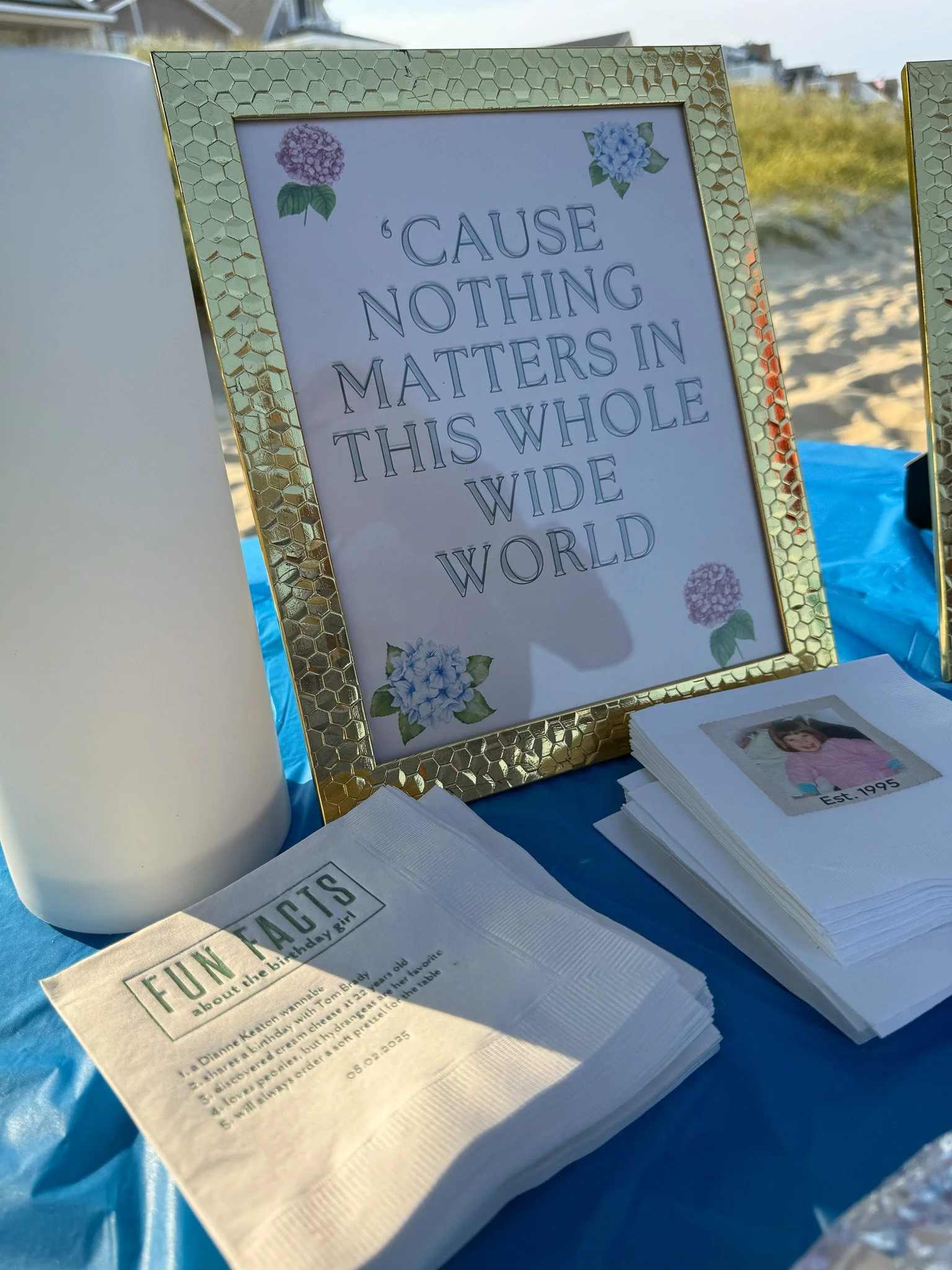 A framed quote that says, 'Cause nothing matters in this whole wide world,' decorated with purple and blue hydrangea flowers. On the table, there are stacks of napkins, one labeled 'Fun Facts' about a birthday girl, and a white tumbler cup. The setti