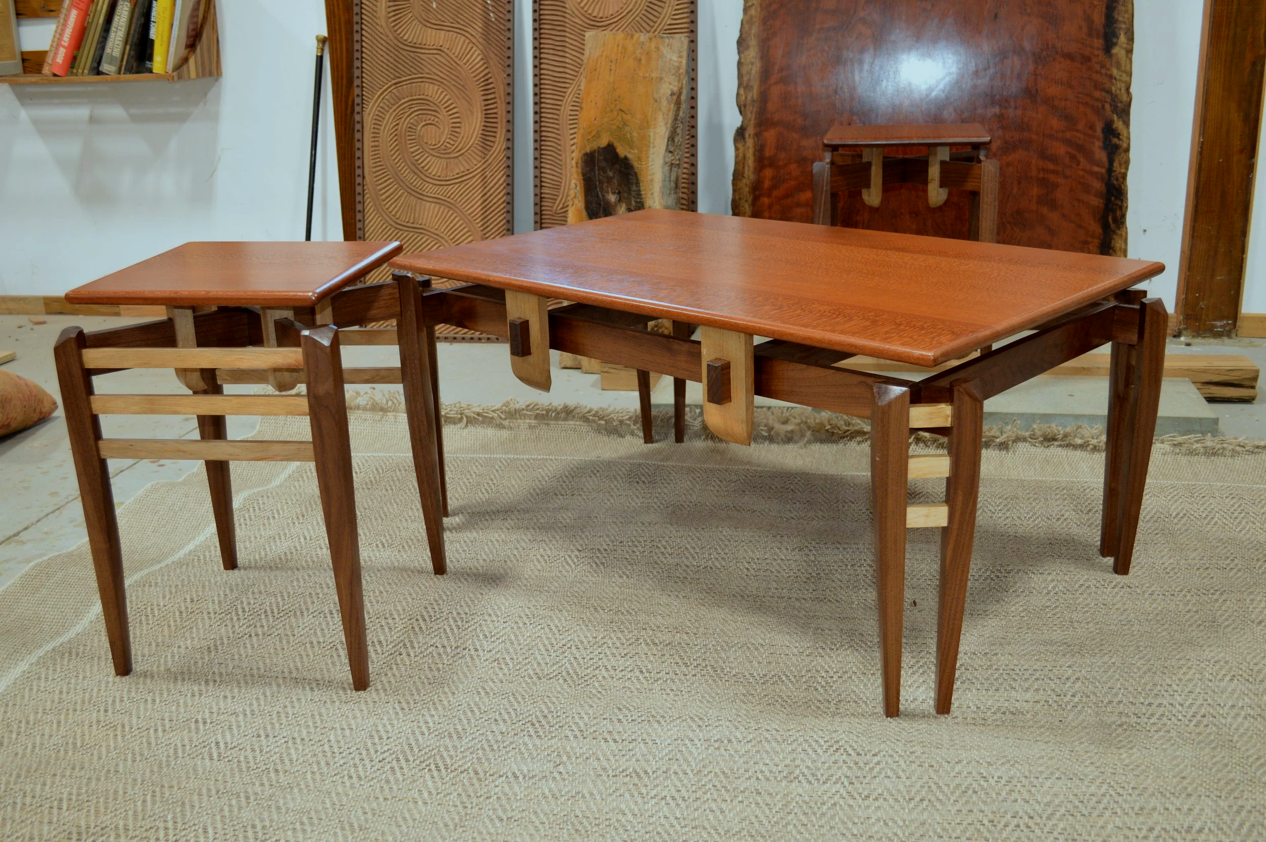 Lacewood, Walnut, and Maple Coffee and End Tables