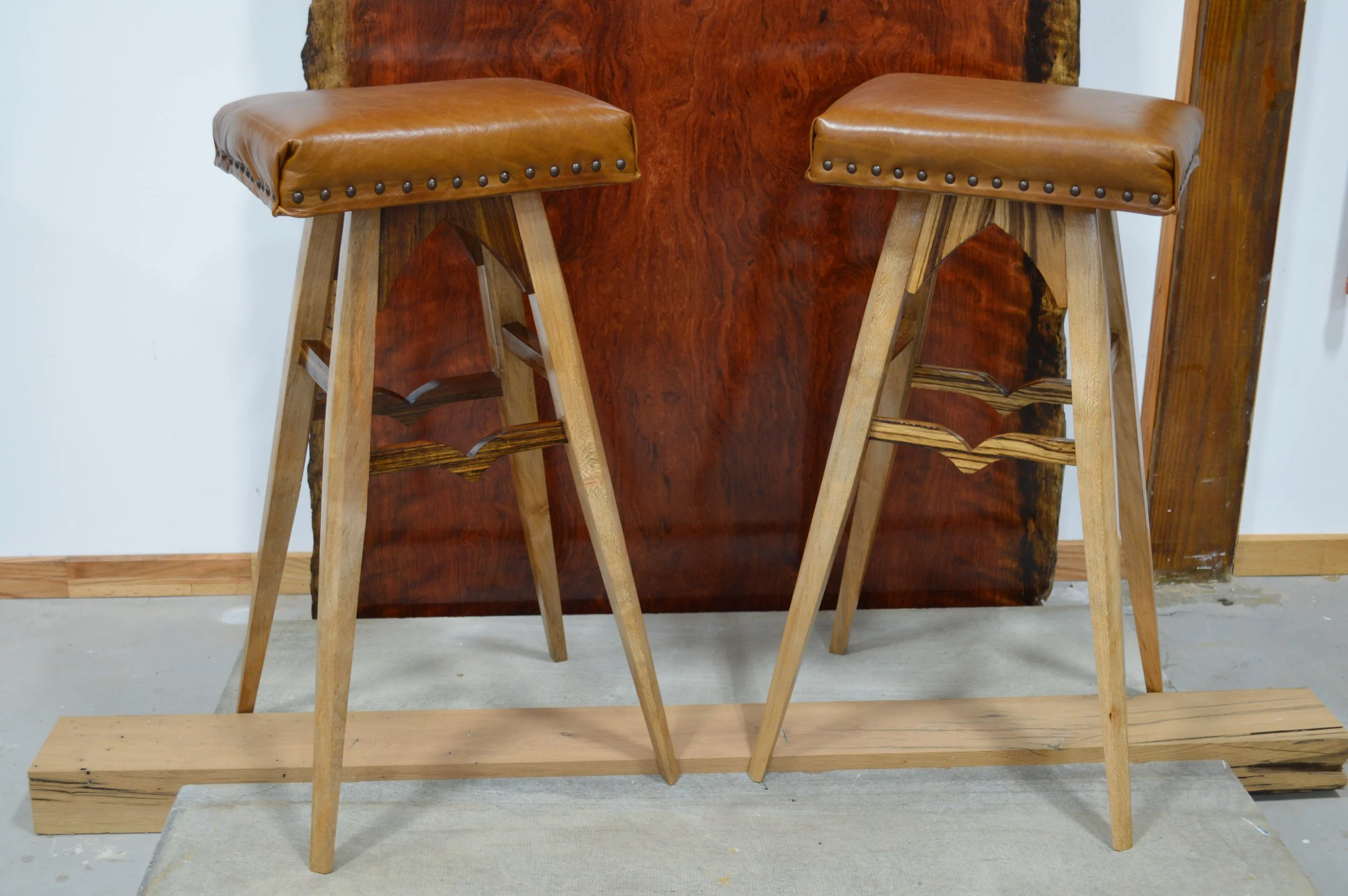Shedua and Maple, Zebrawood and Maple Stools
