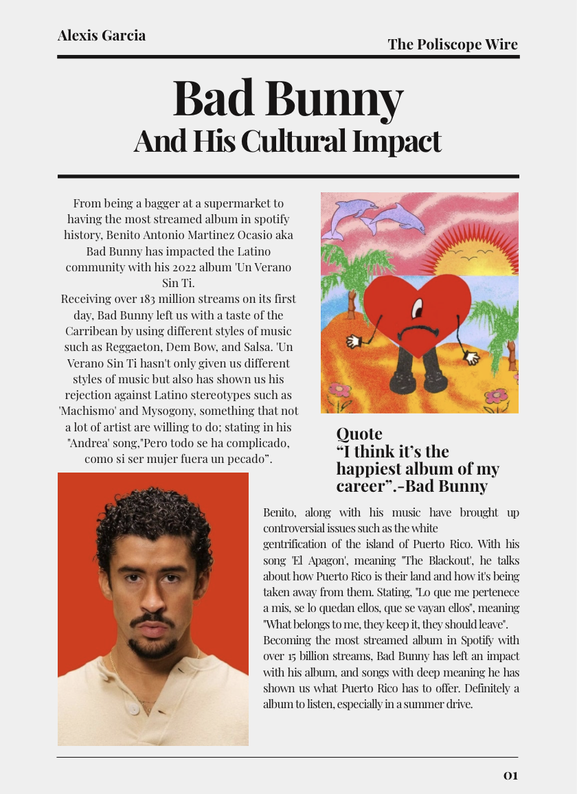 Page from a magazine or newspaper discussing Alexis Garcia's album 'Bad Bunny And His Cultural Impact,' featuring a colorful drawing of a heart character and a portrait of a man with curly hair and a mustache.