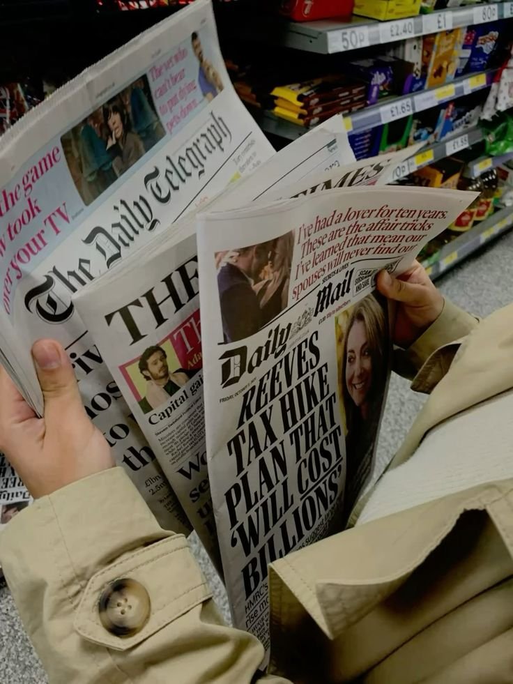 Person holding multiple newspapers in a store aisle, with headlines about taxes, government plans, and billion-dollar costs.