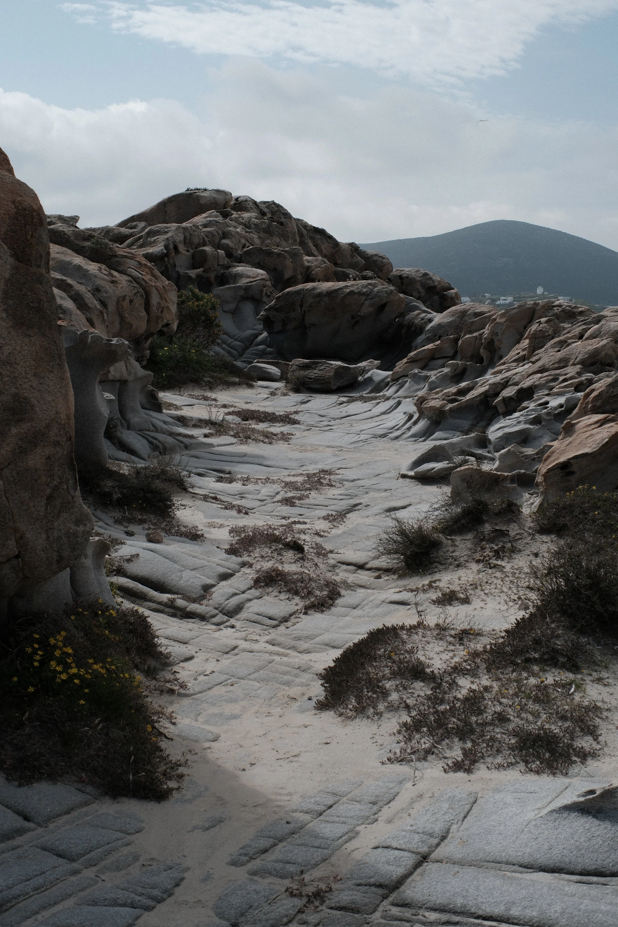 A rocky landscape with large, weathered rocks and sparse vegetation, with mountains and a cloudy sky in the background.