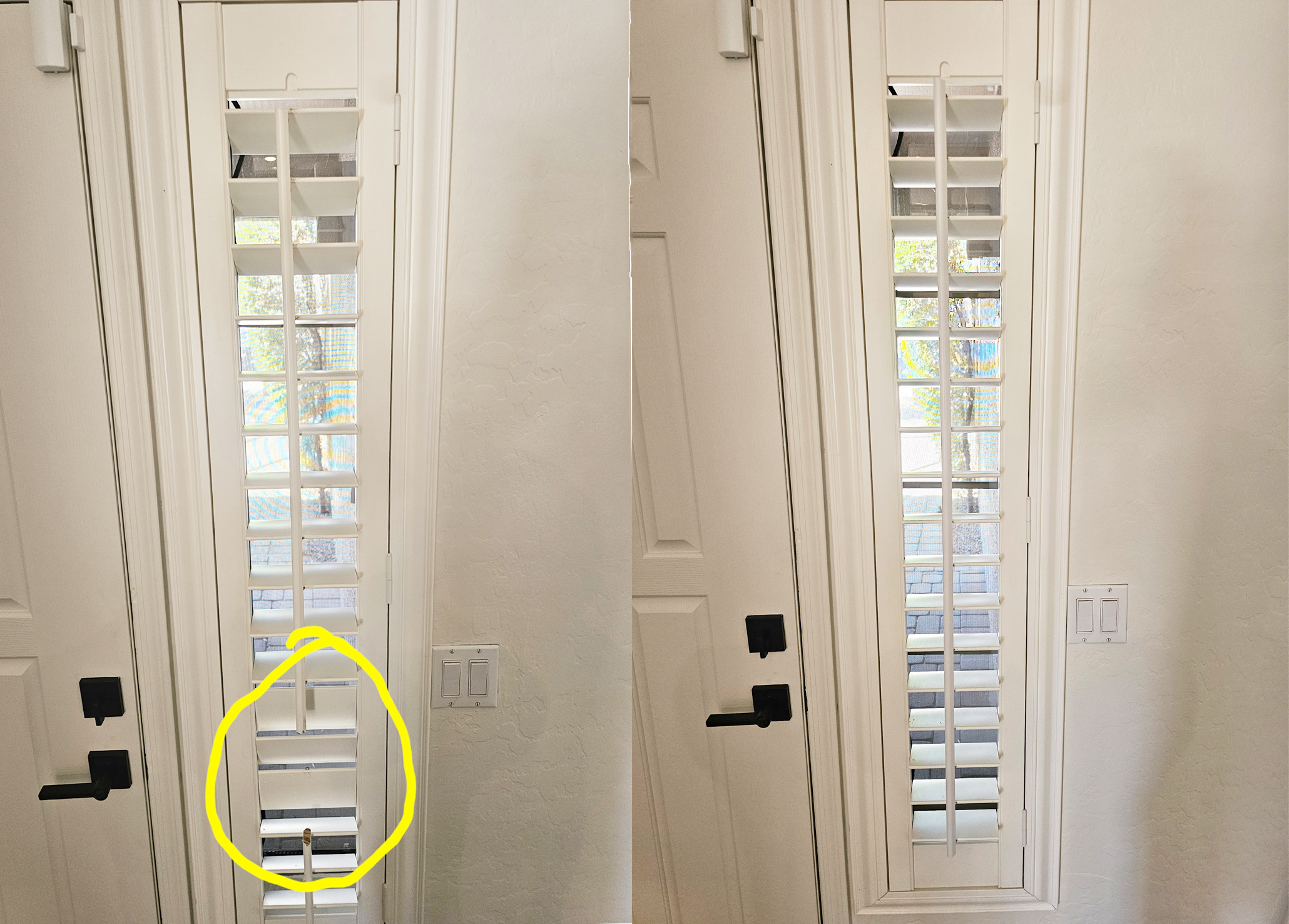 Before and after photo of a tilt bar repair on a shutter.