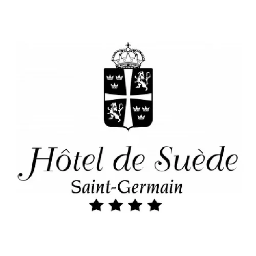 Logo d'un hôtel nommé 'Hôtel de Suède' à Saint-Germain avec un symbole de refuge et quatre étoiles.