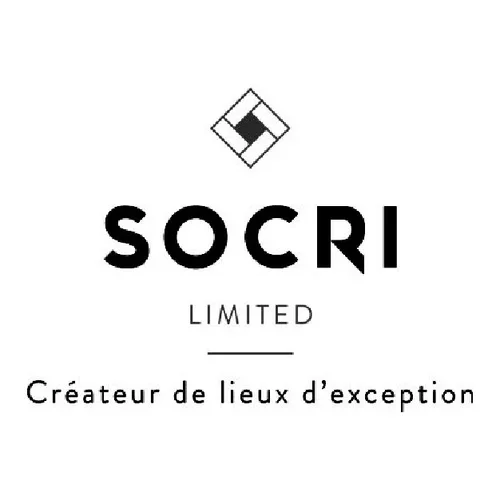 Logo de la société SOCRI Limited avec un symbole géométrique et la devise 'Créateur de lieux d'exception'.