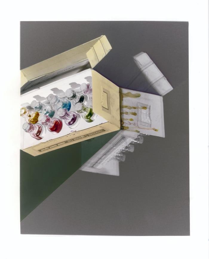 Working Palette #7, 2023, black and white silver gelatin prints, dry mounted on board, hand coloured and retouched with photographic dye, 30.5cm. x 40.6cm 
