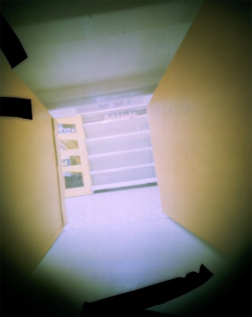 View of a staircase seen through a fisheye lens from a hallway with yellow walls and green ceiling.